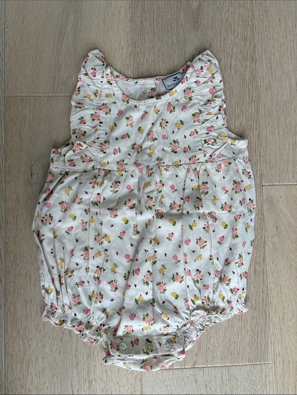 Petit Lem White Floral Ruffle Baby Romper with Pink & Yellow Blossoms
